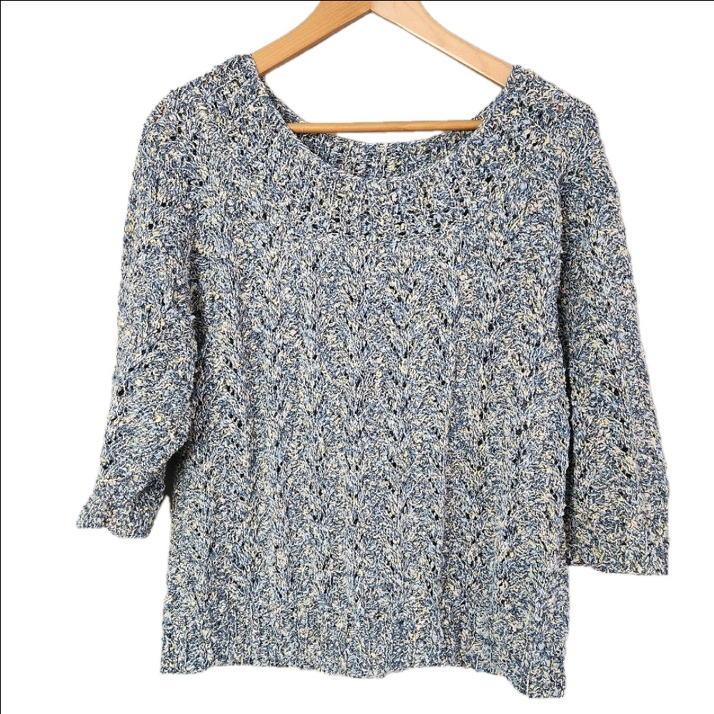 Grannycore Cottagecore open knit Scoop Neck Pullover Sweater large/XL blue